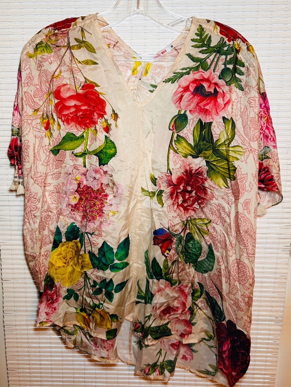 Johnny Was Cream Floral V-Neck Blouse with Pink, Red, Yellow & Green Accents